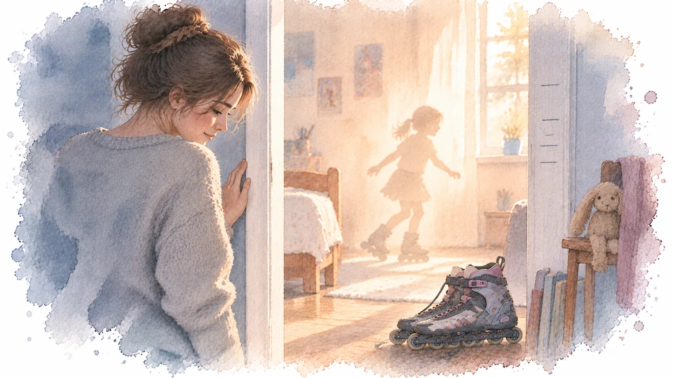 Illustration aquarelle du dossier À la maison : une femme observe une scène d’enfance dans une chambre, avec une paire de rollers au premier plan.