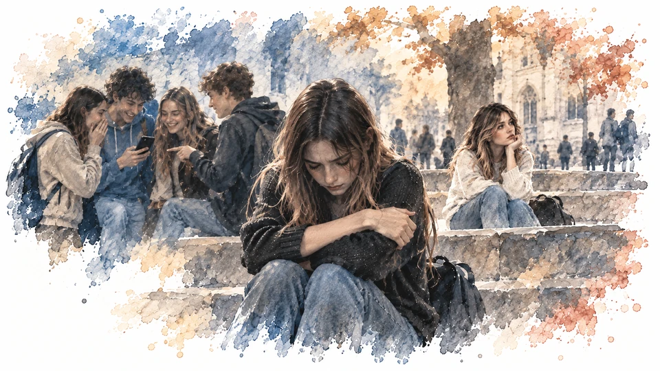 Illustration aquarelle du dossier D’accord : une jeune femme isolée tandis qu’un groupe regarde un téléphone.