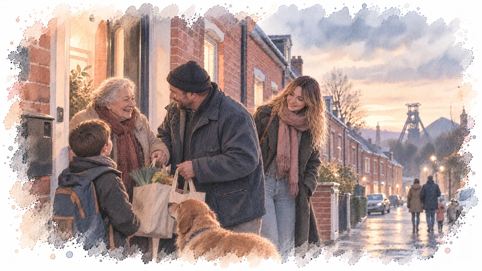 Illustration aquarelle du dossier Des gens bien : une famille dans une rue du Nord, avec une grand-mère, un enfant, un chien et un chevalement minier à l’horizon..