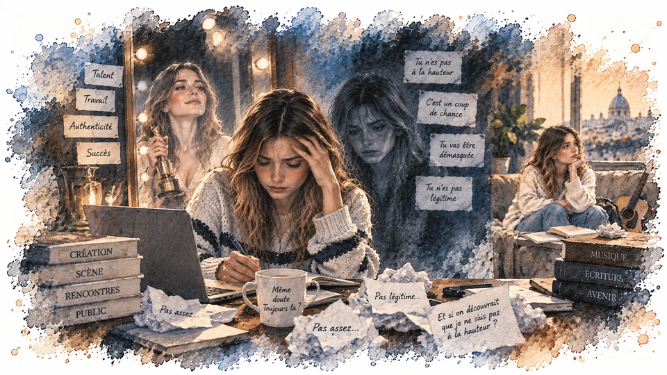 Illustration aquarelle du dossier Escroc : le succès extérieur confronté au doute et au sentiment de ne pas être légitime.