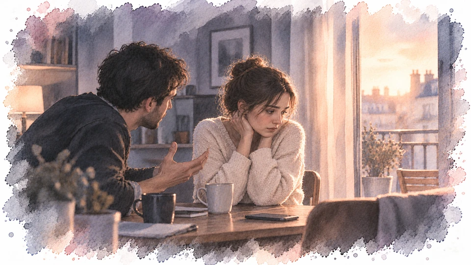 Illustration aquarelle du dossier Ma faute : un couple en tension autour d’une table, dans un intérieur baigné de lumière.