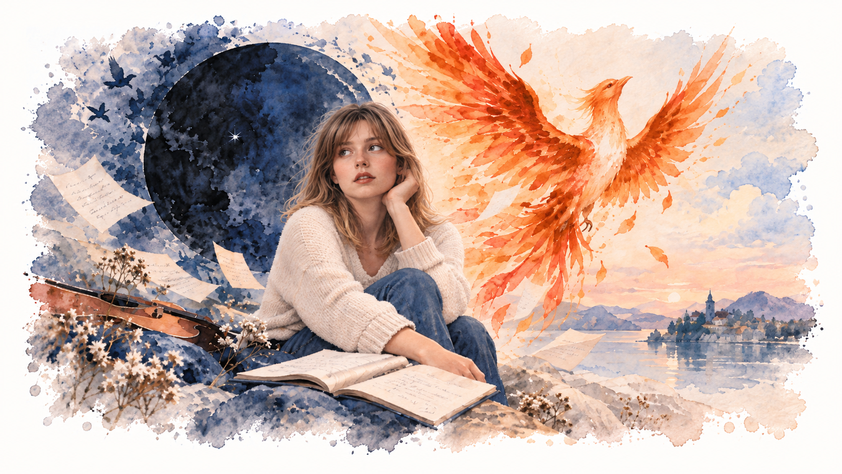 Aquarelle de Marine pensive entre un disque sombre et un phénix lumineux.