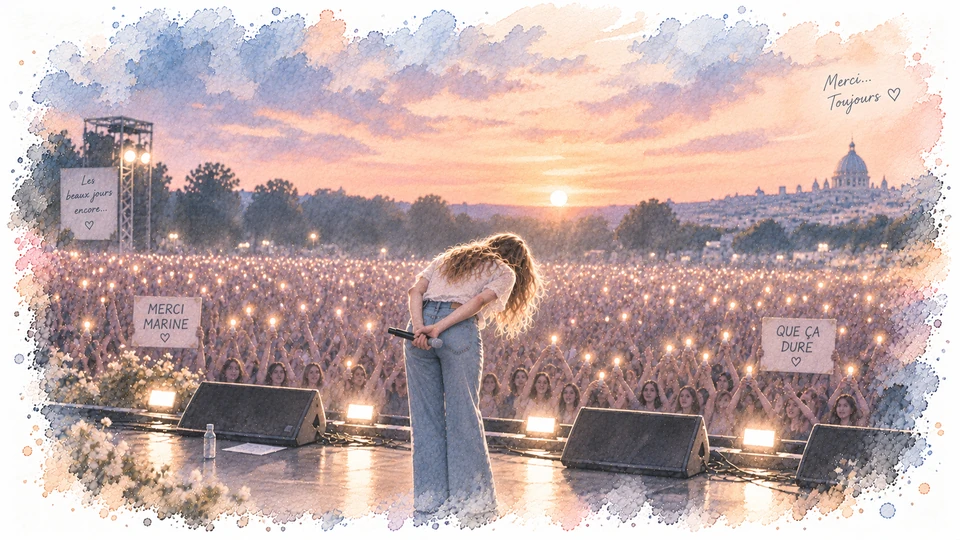 Illustration aquarelle du dossier Que ça dure : une artiste salue son public à la fin d’un concert..