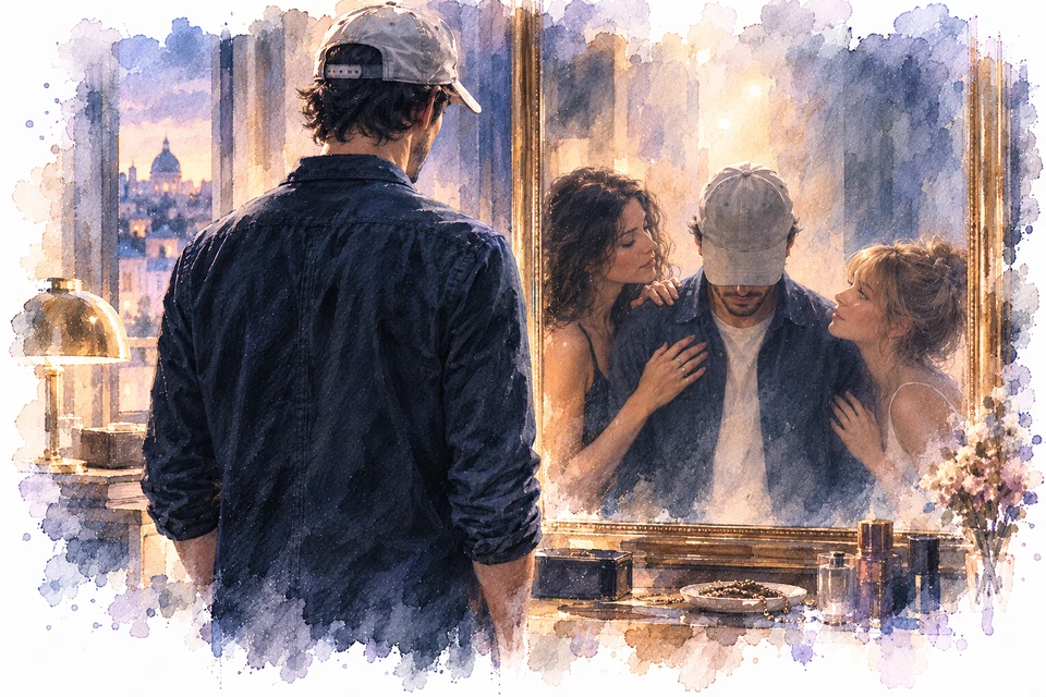 Illustration aquarelle du dossier Tricheur : un homme face à un miroir où apparaissent deux relations amoureuses.